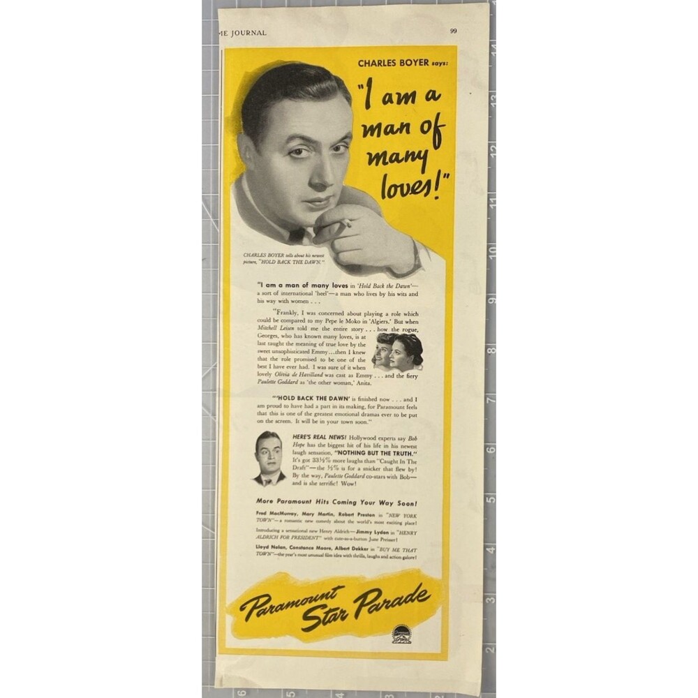 Paramount Star Parade "Charles Boyer-Olivia de Havilland-Bob Hope" Print Ad 1941
